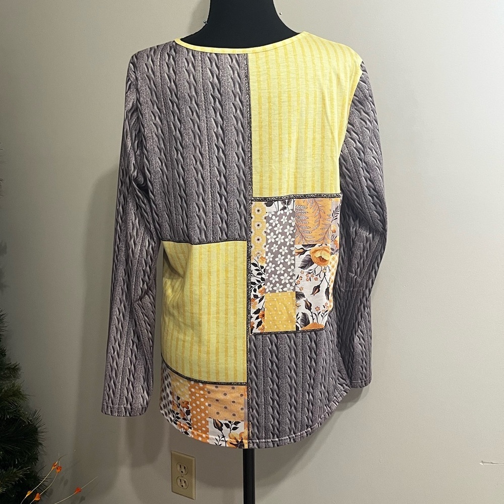 Patchwork Long Sleeve Top - Yellow and Gray Sz L - Picture 2 of 8